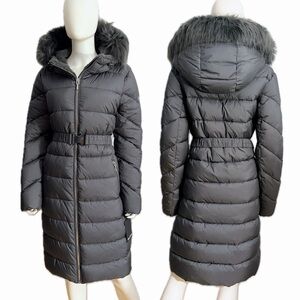 NWT H by HALSTON Women's Quilted Puffer Belted Jacket‎ Removable Faux Fur Hood